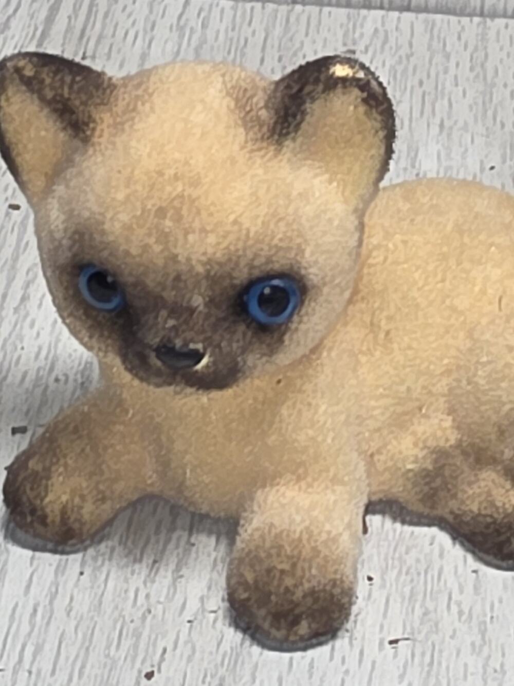 Vintage Japan Flocked Siamese Cat Kitten Blue Eyes 4" Shelf Sitter Whimsy
